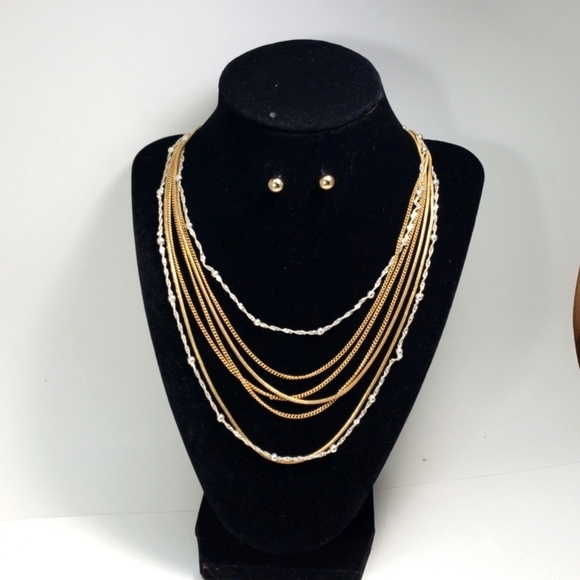 Multi-Strand Gold & Silver Dual-Tone Necklace with Matching Gold Stud Earrings - Picture 3 of 10